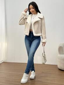 SHEIN EZwear 女士外套 泰迪熊衬里开襟绒面革机车夹克（秋冬） - 卡其色 - 查看 3