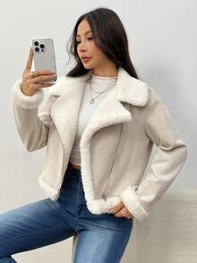 SHEIN EZwear 女士外套 泰迪熊衬里开襟绒面革机车夹克（秋冬） - 卡其色 - 查看 8