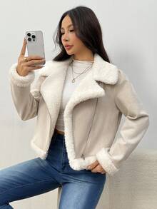 SHEIN EZwear 女士外套 泰迪熊衬里开襟绒面革机车夹克（秋冬） - 卡其色 - 查看 6