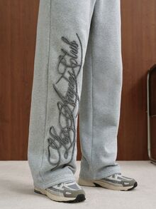 TOKVUE 男士運動長褲，時尚手寫英文3D毛巾刺繡工藝，搭配舒適衛衣面料，挺括有型，寬鬆直筒版型，街頭風百搭熱門，休閒舒適多功能，適合外出、街拍、居家、旅行、度假、日常穿著等 - 灰色 - 查看 3