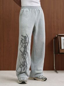 TOKVUE 男士運動長褲，時尚手寫英文3D毛巾刺繡工藝，搭配舒適衛衣面料，挺括有型，寬鬆直筒版型，街頭風百搭熱門，休閒舒適多功能，適合外出、街拍、居家、旅行、度假、日常穿著等 - 灰色 - 查看 4