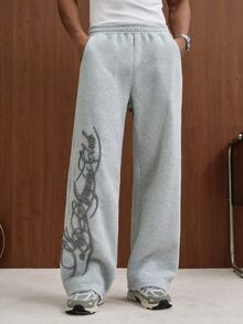 TOKVUE 男士運動長褲，時尚手寫英文3D毛巾刺繡工藝，搭配舒適衛衣面料，挺括有型，寬鬆直筒版型，街頭風百搭熱門，休閒舒適多功能，適合外出、街拍、居家、旅行、度假、日常穿著等 - 灰色 - 查看 6