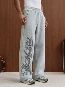 TOKVUE 男士運動長褲，時尚手寫英文3D毛巾刺繡工藝，搭配舒適衛衣面料，挺括有型，寬鬆直筒版型，街頭風百搭熱門，休閒舒適多功能，適合外出、街拍、居家、旅行、度假、日常穿著等 - 灰色 - 查看 5