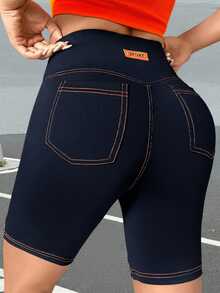 SHEIN EZwear 字母貼布頂針騎行褲 - 藏蓝色 - 查看 1