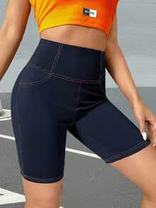 SHEIN EZwear 字母貼布頂針騎行褲 - 藏蓝色 - 查看 4