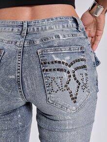 ACID BLVD Y2K Millennium Style Sexy Streetwear Chain Decor Waist Back Pocket Gradient Foil Print Slim Straight Leg Denim Jeans - Black - View 6