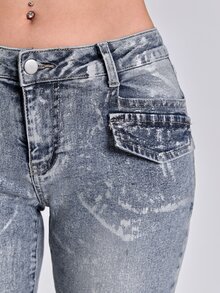 ACID BLVD Y2K Millennium Style Sexy Streetwear Chain Decor Waist Back Pocket Gradient Foil Print Slim Straight Leg Denim Jeans - Black - View 5