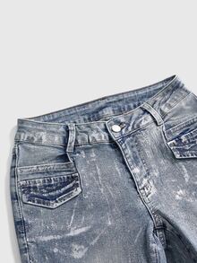 ACID BLVD Y2K Millennium Style Sexy Streetwear Chain Decor Waist Back Pocket Gradient Foil Print Slim Straight Leg Denim Jeans - Black - View 10