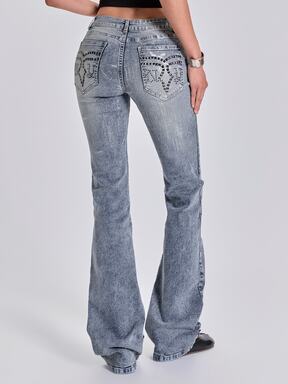 Y2K Millennium Style Sexy Streetwear Chain Decor Waist Back Pocket Gradient Foil Print Slim Straight Leg Denim Jeans