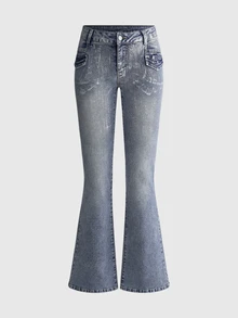 ACID BLVD Y2K Millennium Style Sexy Streetwear Chain Decor Waist Back Pocket Gradient Foil Print Slim Straight Leg Denim Jeans - Black - View 8