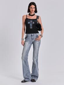ACID BLVD Y2K Millennium Style Sexy Streetwear Chain Decor Waist Back Pocket Gradient Foil Print Slim Straight Leg Denim Jeans - Black - View 2