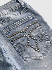 ACID BLVD Y2K Millennium Style Sexy Streetwear Chain Decor Waist Back Pocket Gradient Foil Print Slim Straight Leg Denim Jeans - Black - View 9