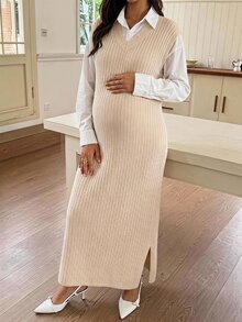 SHEIN Maternity Cap Sleeve Ribbed Knit Sweater Dress With Side Slit Hem,Autumn Outfit For Women Fall - Khaki - View 1