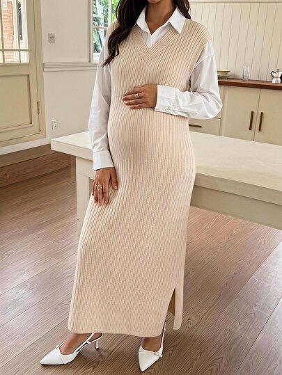SHEIN Maternity Cap Sleeve Ribbed Knit Sweater Dress With Side Slit Hem, Autumn Outfit For Women Fall Photoshoot Cream Elegant