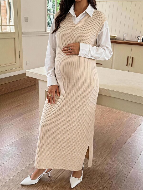 SHEIN Maternity Cap Sleeve Ribbed Knit Sweater Dress With Side Slit Hem,Autumn Outfit For Women Fall