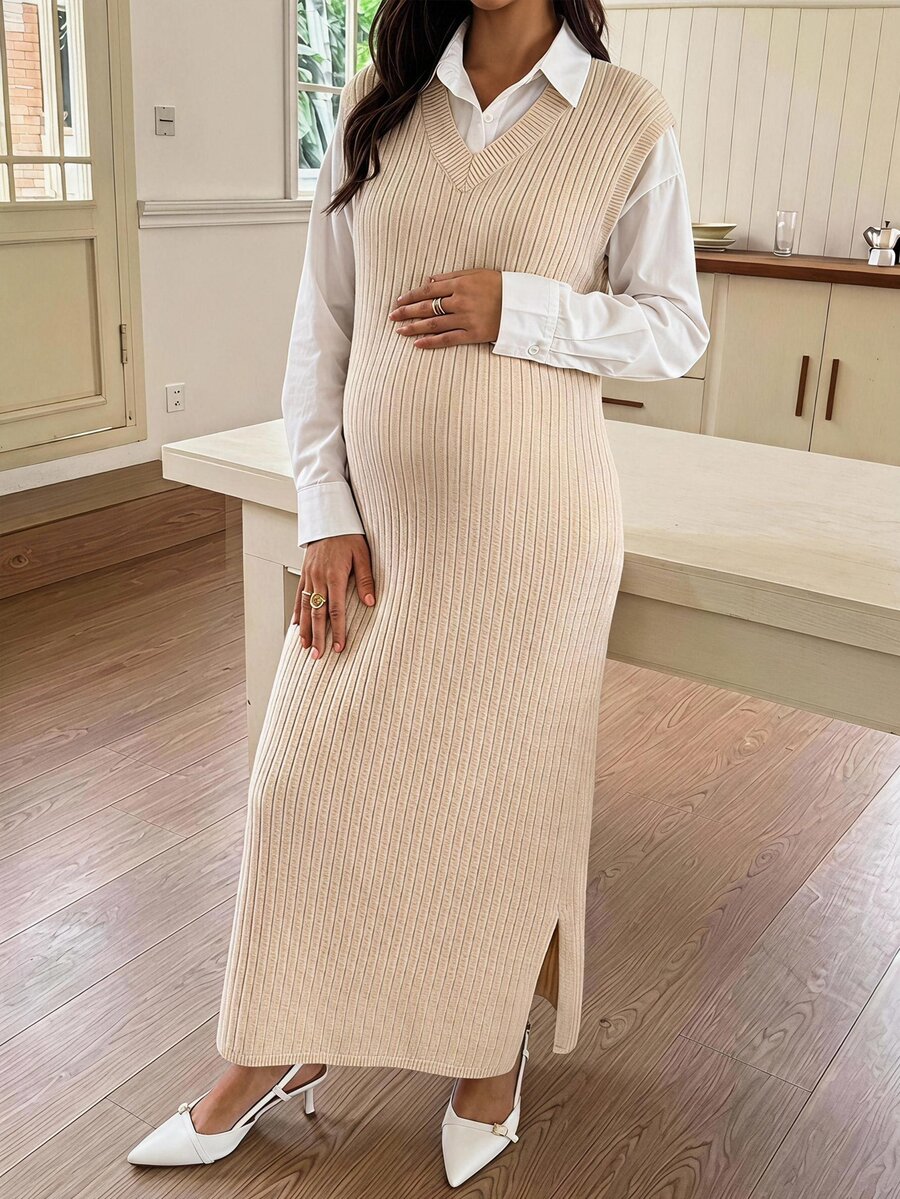 SHEIN Maternity Cap Sleeve Ribbed Knit Sweater Dress With Side Slit Hem,Autumn Outfit For Women Fall - Khaki - View 1