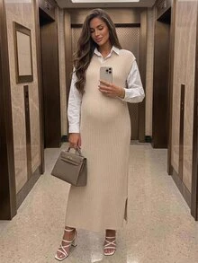 SHEIN Maternity Cap Sleeve Ribbed Knit Sweater Dress With Side Slit Hem,Autumn Outfit For Women Fall - Khaki - View 3