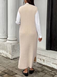 SHEIN Maternity Cap Sleeve Ribbed Knit Sweater Dress With Side Slit Hem,Autumn Outfit For Women Fall - Khaki - View 4