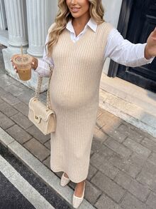 SHEIN Maternity Cap Sleeve Ribbed Knit Sweater Dress With Side Slit Hem,Autumn Outfit For Women Fall - Khaki - View 10