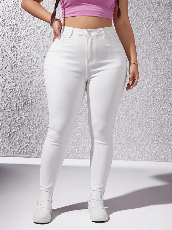 SHEIN ICON Plus Size Women's Casual Versatile Solid Color Slim Fit Jeans