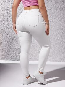 SHEIN EZwear 女款大尺碼純白色修身高腰彈性牛仔褲，秋季商務休閒基本款，優雅顯身材，適合外出正式場合與日常穿著 - 白色 - 查看 2