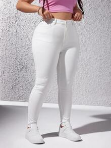 SHEIN EZwear 女款大尺碼純白色修身高腰彈性牛仔褲，秋季商務休閒基本款，優雅顯身材，適合外出正式場合與日常穿著 - 白色 - 查看 4