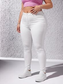 SHEIN EZwear 女款大尺碼純白色修身高腰彈性牛仔褲，秋季商務休閒基本款，優雅顯身材，適合外出正式場合與日常穿著 - 白色 - 查看 3