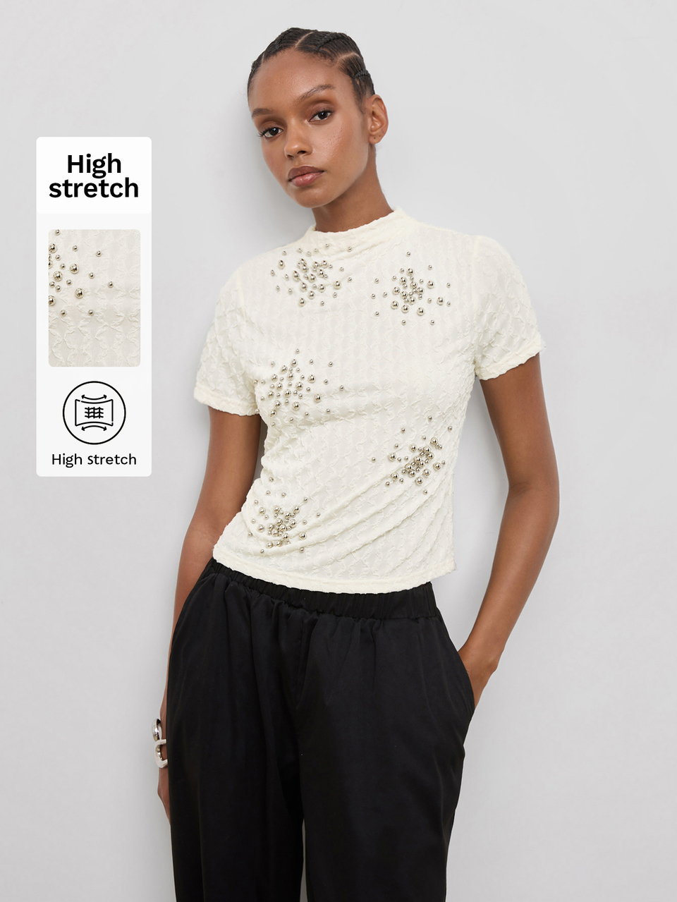 SHEIN Maija Women's Beaded Decor Stand Collar Short Sleeve Fashion Top,Going Out Outfits, Work Outfits For Women,Fall Clothes