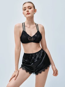Softvol Women's Solid Color Lace Patchwork Sheer Sexy French Style Bra - Black - View 3