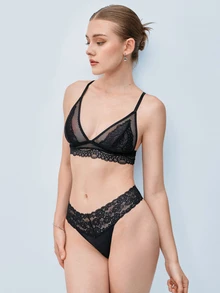Softvol 1pc Women's Sexy Semi-Sheer Lace Patchwork Mesh Wireless Unpadded Triangle Cup Bra - Black - View 6