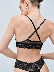 Softvol 1pc Women's Sexy Semi-Sheer Lace Patchwork Mesh Wireless Unpadded Triangle Cup Bra - Black - View 2