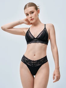 Softvol 1pc Women's Sexy Semi-Sheer Lace Patchwork Mesh Wireless Unpadded Triangle Cup Bra - Black - View 1