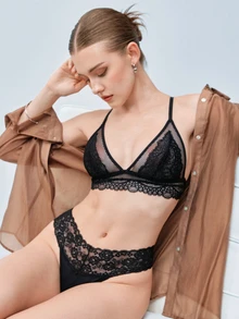 Softvol 1pc Women's Sexy Semi-Sheer Lace Patchwork Mesh Wireless Unpadded Triangle Cup Bra - Black - View 8