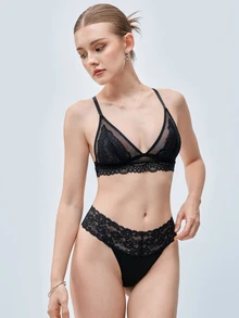 Softvol 1pc Women's Sexy Semi-Sheer Lace Patchwork Mesh Wireless Unpadded Triangle Cup Bra - Black - View 4