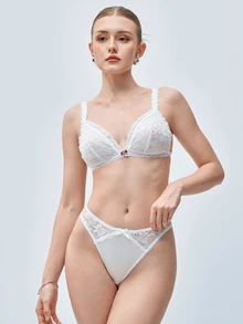 Softvol 1pc Women's Sexy Semi-Sheer Lace Wireless Comfortable Triangle Cup Back Closure Bra - White - View 5