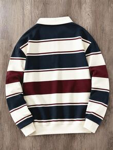 Manfinity Joysei Men's Casual College Striped Print Button Collar Pullover Sweatshirt - Multicolor - View 2