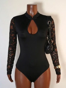 SHEIN LUNE Women's Fashion Sexy Lace Patchwork Hollow Out Bodysuit - Black - View 5