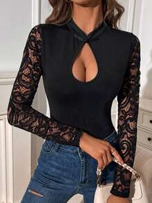 SHEIN LUNE Women's Fashion Sexy Lace Patchwork Hollow Out Bodysuit - Black - View 3