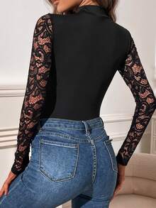 SHEIN LUNE Women's Fashion Sexy Lace Patchwork Hollow Out Bodysuit - Black - View 2