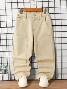 男童街頭風休閒拼接撞色對比縫線寬鬆直筒百搭工裝牛仔長褲 - 卡其色 - 查看 4