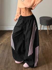 Muchica Women's Casual Striped Color Block Drawstring Waist Loose Wide Leg Long Pants Black Wide Leg Cut Curved Knife Pants Going Out Outfits Streetwear - Black - View 1