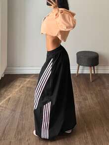 Muchica Women's Casual Striped Color Block Drawstring Waist Loose Wide Leg Long Pants Black Wide Leg Cut Curved Knife Pants Going Out Outfits Streetwear - Black - View 4