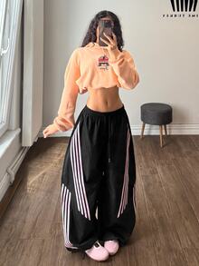 Muchica Women's Casual Striped Color Block Drawstring Waist Loose Wide Leg Long Pants Black Wide Leg Cut Curved Knife Pants Going Out Outfits Streetwear - Black - View 5