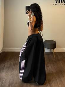 Muchica Women's Casual Striped Color Block Drawstring Waist Loose Wide Leg Long Pants Black Wide Leg Cut Curved Knife Pants Going Out Outfits Streetwear - Black - View 2