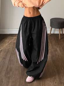 Muchica Women's Casual Striped Color Block Drawstring Waist Loose Wide Leg Long Pants Black Wide Leg Cut Curved Knife Pants Going Out Outfits Streetwear - Black - View 3