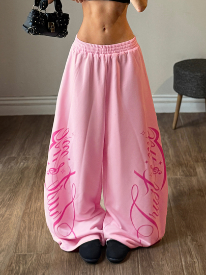 Muchica Women's Letter Print Elastic Waist Wide Leg Loose Sweatpants Pink Printed Cropped Pants  Festival Outfits For Women Party Casual Back To School