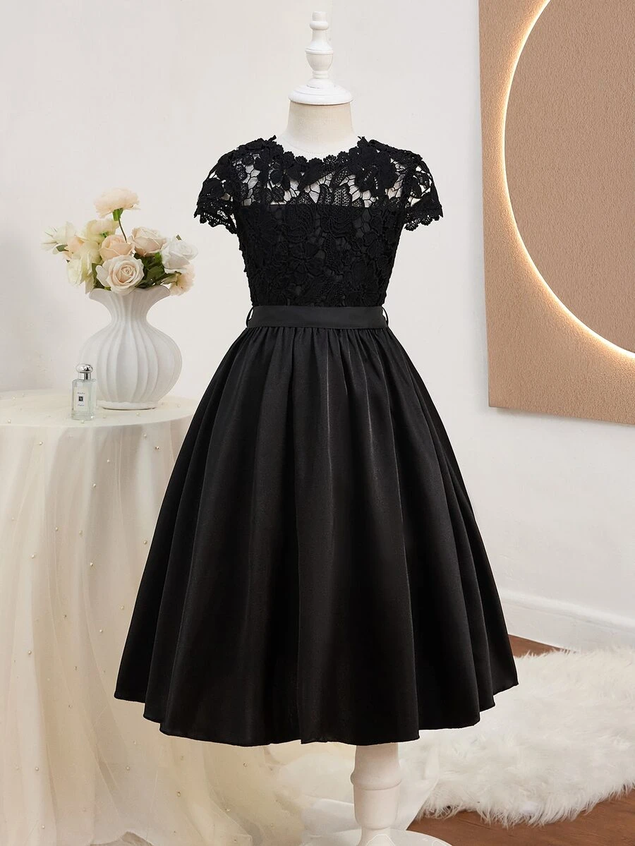 Wedding Season Girls' Premium Lace Patchwork Satin Short Sleeve Full Skirt Mid-Length Dress For Ball, Performance, Birthday Party, Banquet, Christmas
