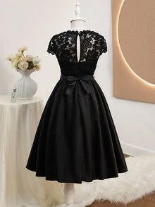 Wedding Season Girls' Premium Lace Patchwork Satin Short Sleeve Full Skirt Mid-Length Dress For Ball, Performance, Birthday Party, Banquet, Christmas - Black - View 3
