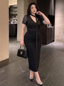 Vibekara 大尺碼性感V領收腰貼身長版針織洋裝，波點拼接設計 - 彩色 - 查看 4