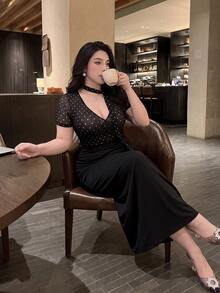 Vibekara 大尺碼性感V領收腰貼身長版針織洋裝，波點拼接設計 - 彩色 - 查看 2